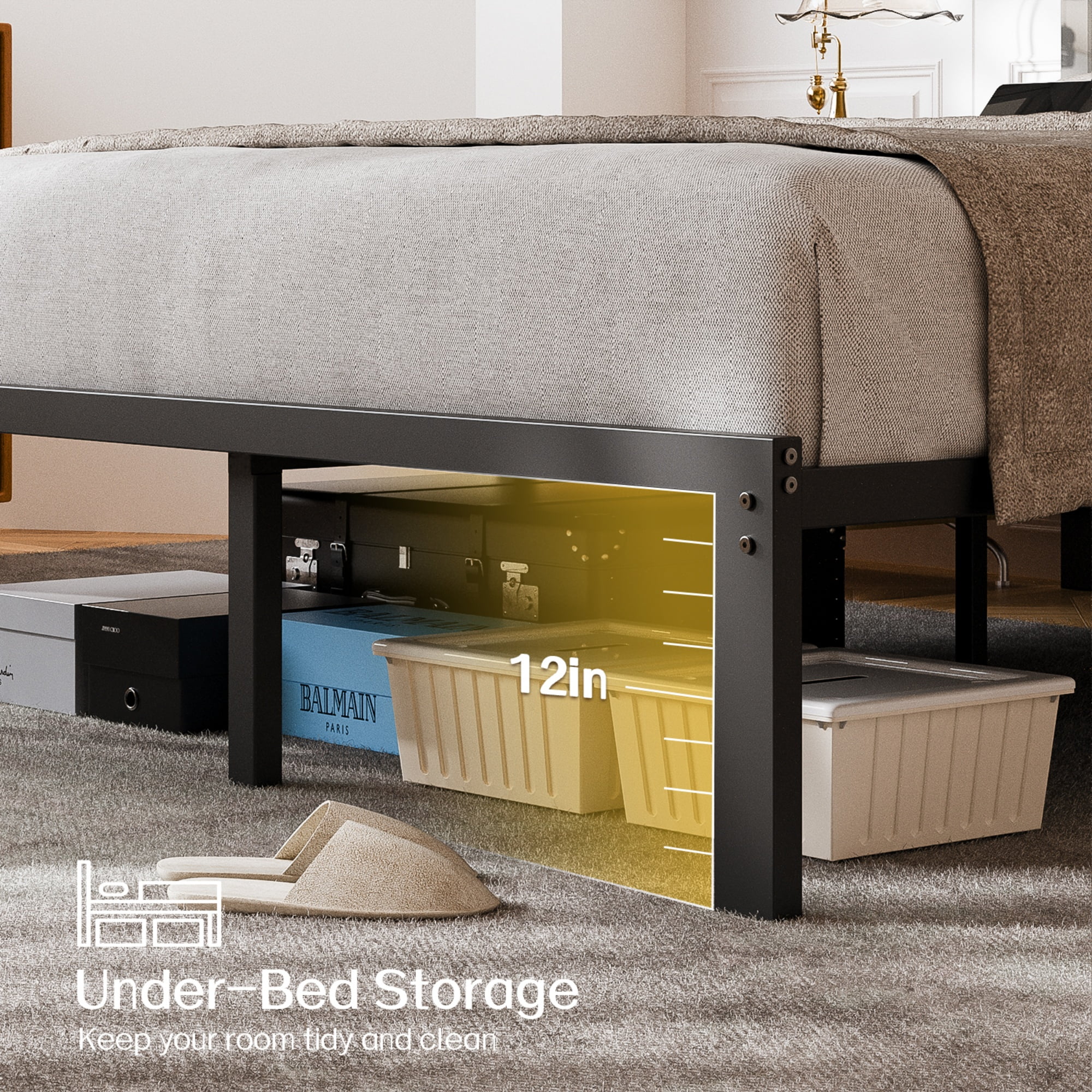 OLEVS Queen Size Bed Frame with Upholstered Headboard, LED Light and USB Socket, No Box Spring Needed