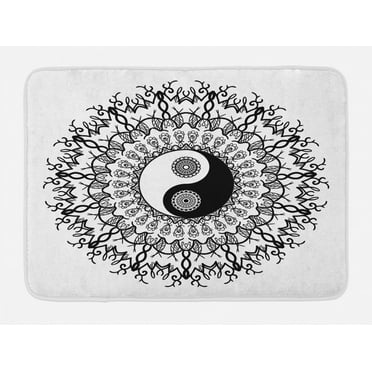 Ying Yang Bath Mat, Vintage Yin Yang Mandala Pattern Ethnic Motivational Oriental Bohemian Design, Non-Slip Plush Mat Bathroom Kitchen Laundry Room Decor, 29.5 X 17.5 Inches, Black White, Ambesonne