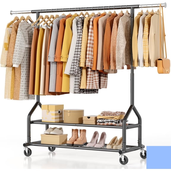 Heavy Duty Clothes Rack Load 556 LBS, Rolling Clothing Rack With Shelves, Height Adjustable Metal Clothes Hanger with Wheels Portable Wardrobe Organizer Garment Rod for Hanging Clothes