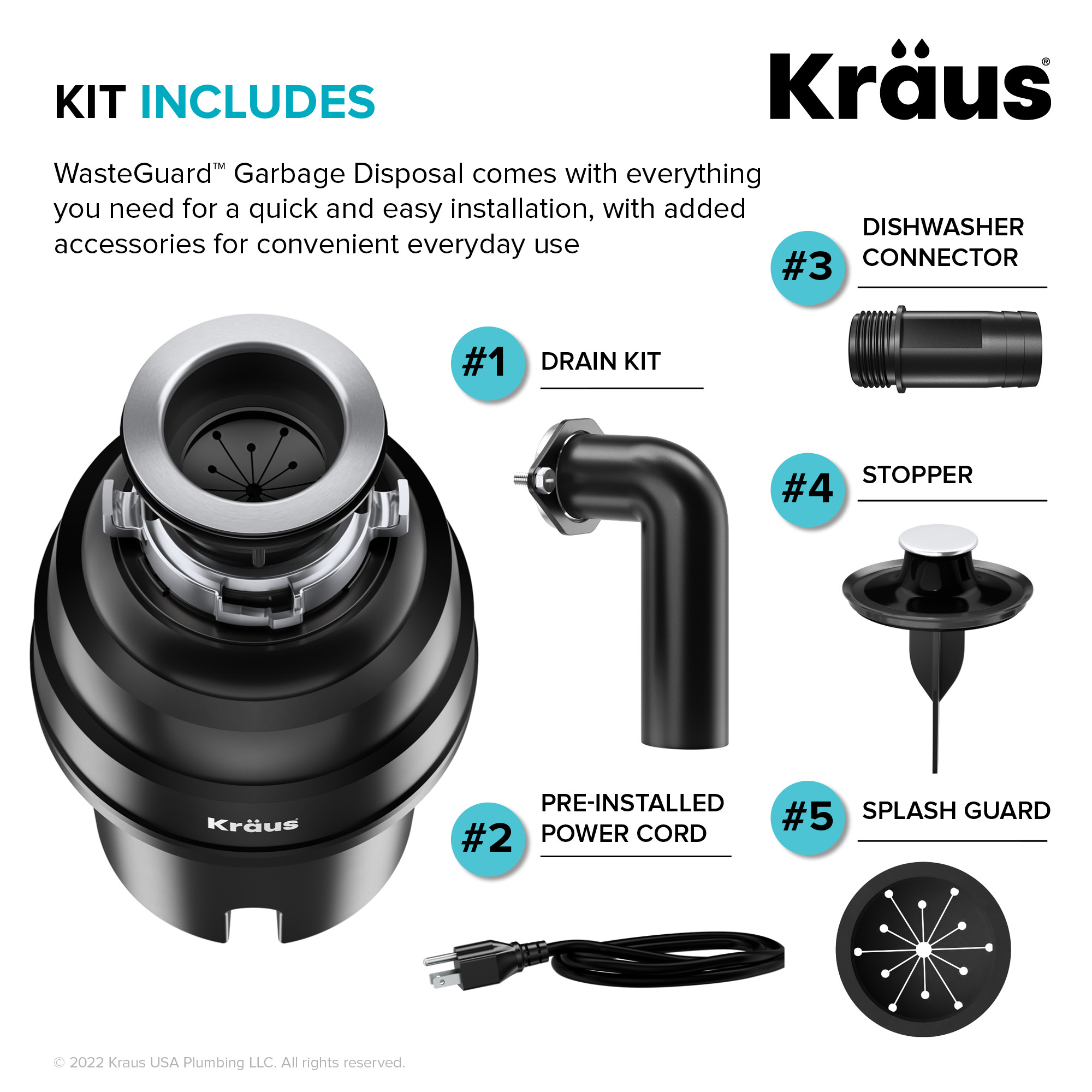 KRAUS WasteGuard HP Continuous Feed Garbage Disposal with Ultra-Quiet  Motor for Kitchen Sinks with Power Cord and Flange Included