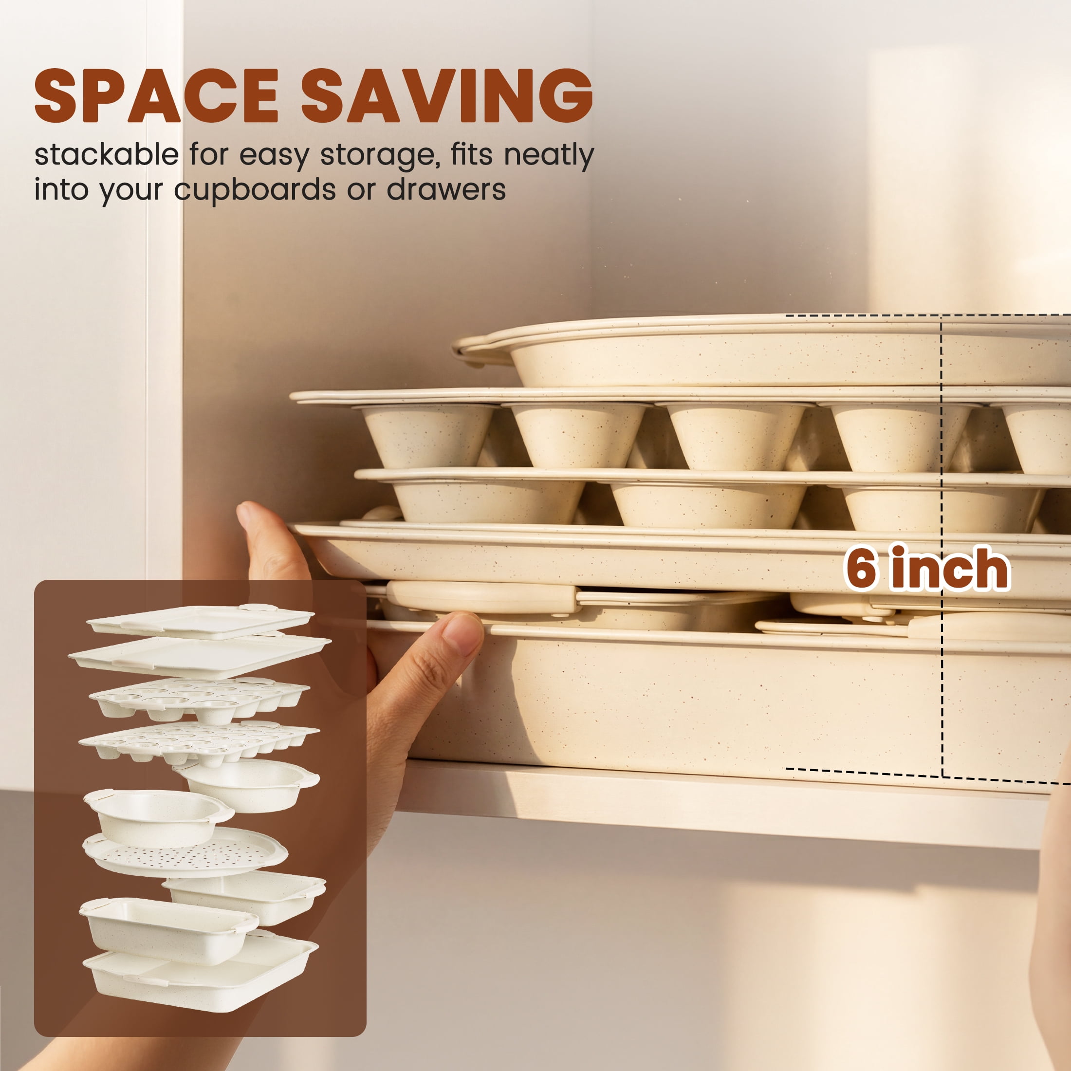 Kikcoin Bakeware Set, 21-Piece Baking Pans Set Kitchen Carbon Steel Baking Sheet Pans with Silicone Handles, Cookie Sheets Nonstick(Beige)