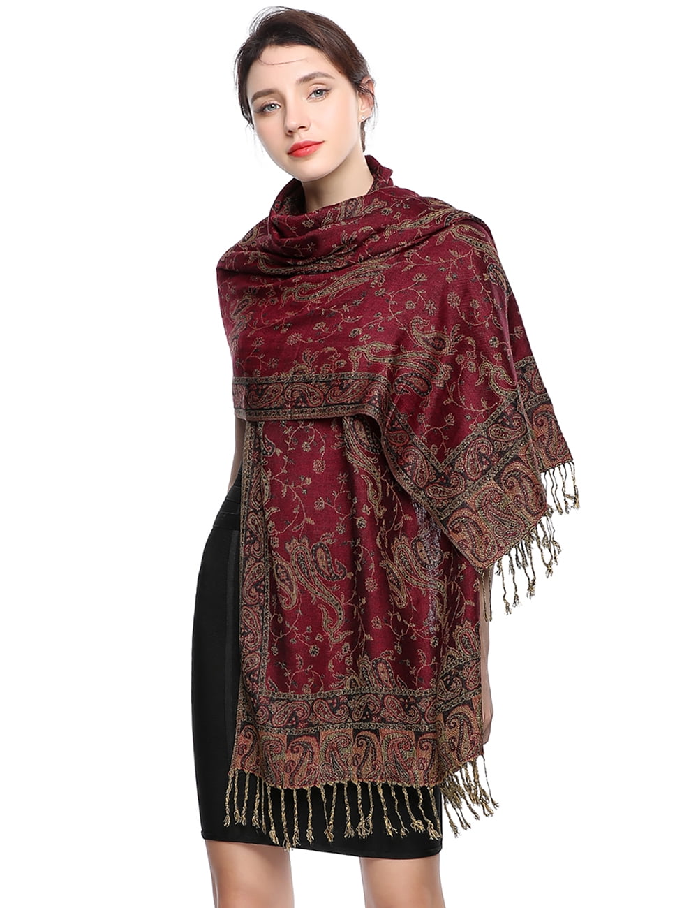 Sciarpa Pashmina Larga In Misto Seta, Stile Bohemien Con Frange - Scialle Da Sera O Da Giorno
