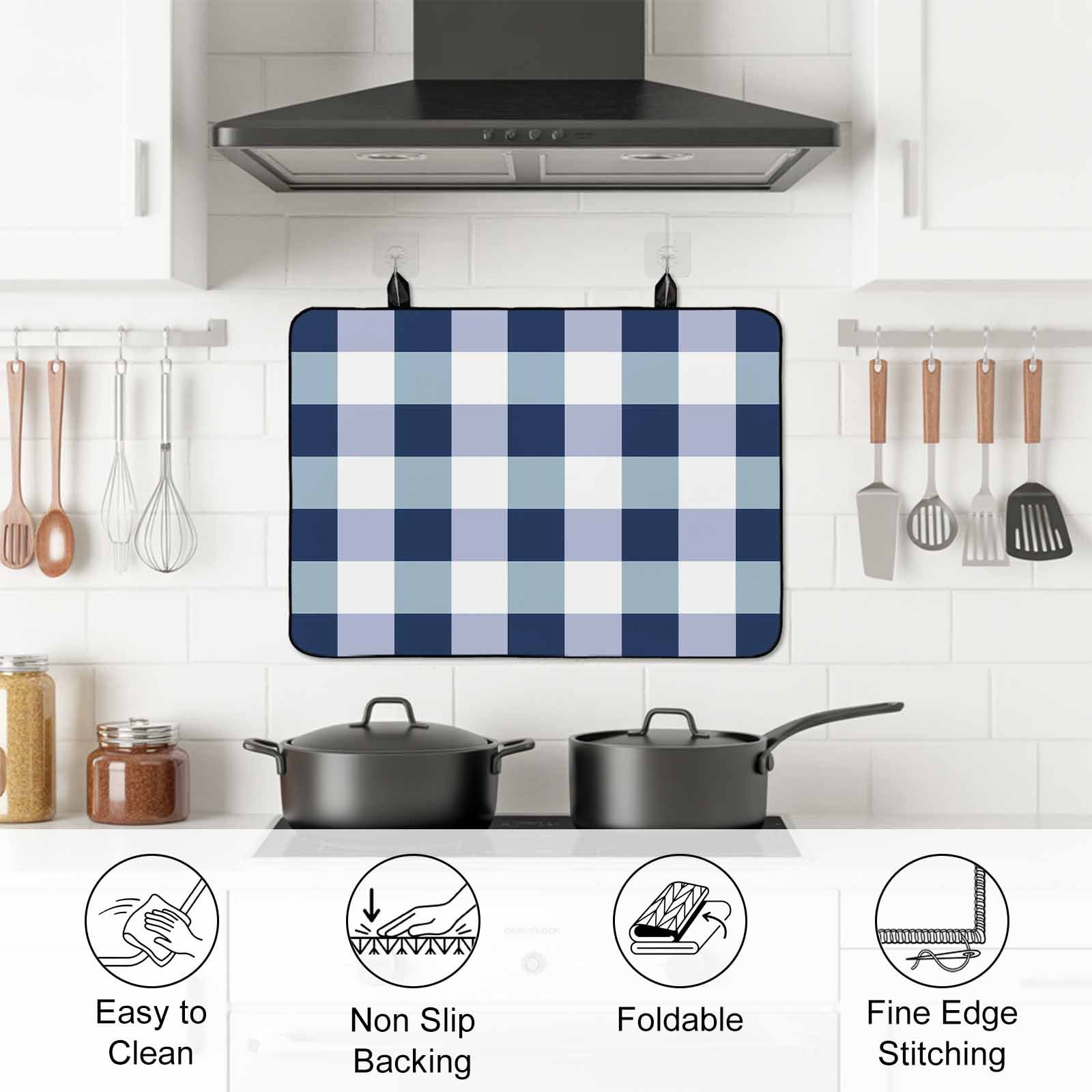 Navy Blue Plaid Stove Top Cover for Electric Stove, Heat-proof & Non Slip Glass Top Stove Cover Protector, Spring Farmhouse Buffalo Checkered Kitchen Flat Cooktop Rubber Mat 24x21 Inches