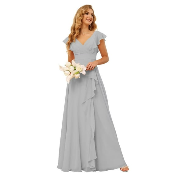 Vestido de dama de honor TIRAS, talla grande, volantes, gasa plateada, 22 W