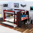 thumbnail image 3 of Mirightone Wood Full over Full Gaming Bunk Bed with Desk and LED light, Bunk Bed with Trundle and Storage, Bunk Trundle Bed for Gamer Adults Teens, Red+Black, 3 of 8