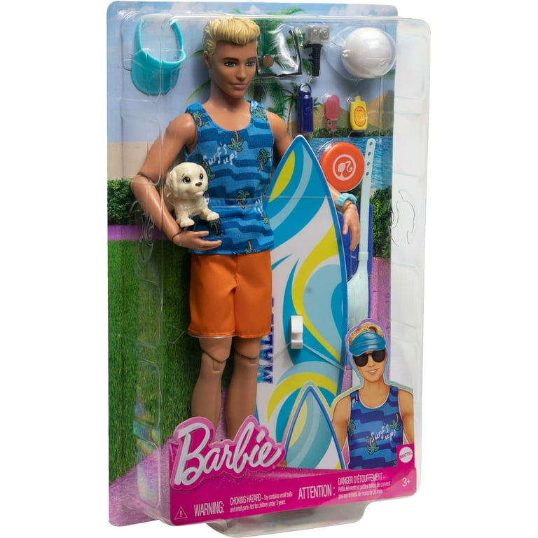 Ken Doll with Surfboard, Poseable Blonde Barbie Ken Beach