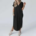 thumbnail image 3 of UTSJKR Womens Maxi Dress with Pockets 2024 Fashion Vintage Solid V Neck Smocked Casual Beach Vacation Loose Irregular Hem Split Dress Summer Basic Short Sleeve Sundress Black S, 3 of 7