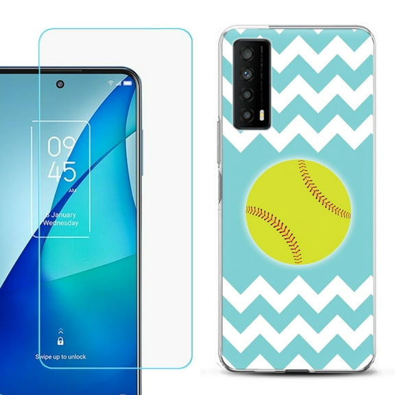 Slim-Fit Gel TPU Phone Case for TCL Stylus 5G, with Tempered Glass Screen Protector, by OneToughShield ® - Chevron/Softball