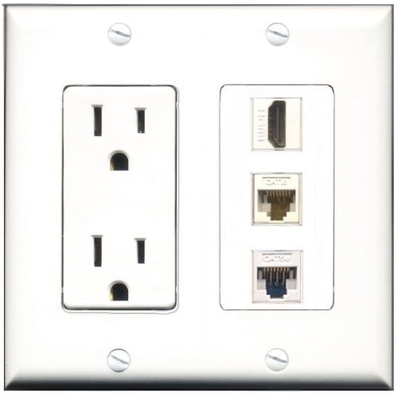 RiteAV - 15 Amp Power Outlet 1 Port HDMI 1 Port Cat5e Ethernet White 1 Port Cat6 Ethernet Ethernet White Decorative Wall Plate