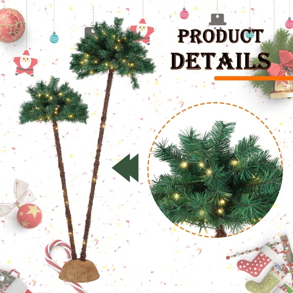 Dual-Headed Pine Needle Palm Tree Light, Realistic Artificial Tree with LED Branches for Indoor Holiday Decor - Pre-Lit Tabletop Xmas Decoration
