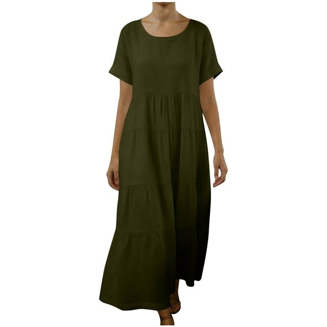 FRSASU Robe en Coton et Lin Femme à Manches Courtes Col Rond Robe Maxi Bohème Décontractée Été Modeste Longue Fluide Plage Vacances Robes Vert Armée m(m)