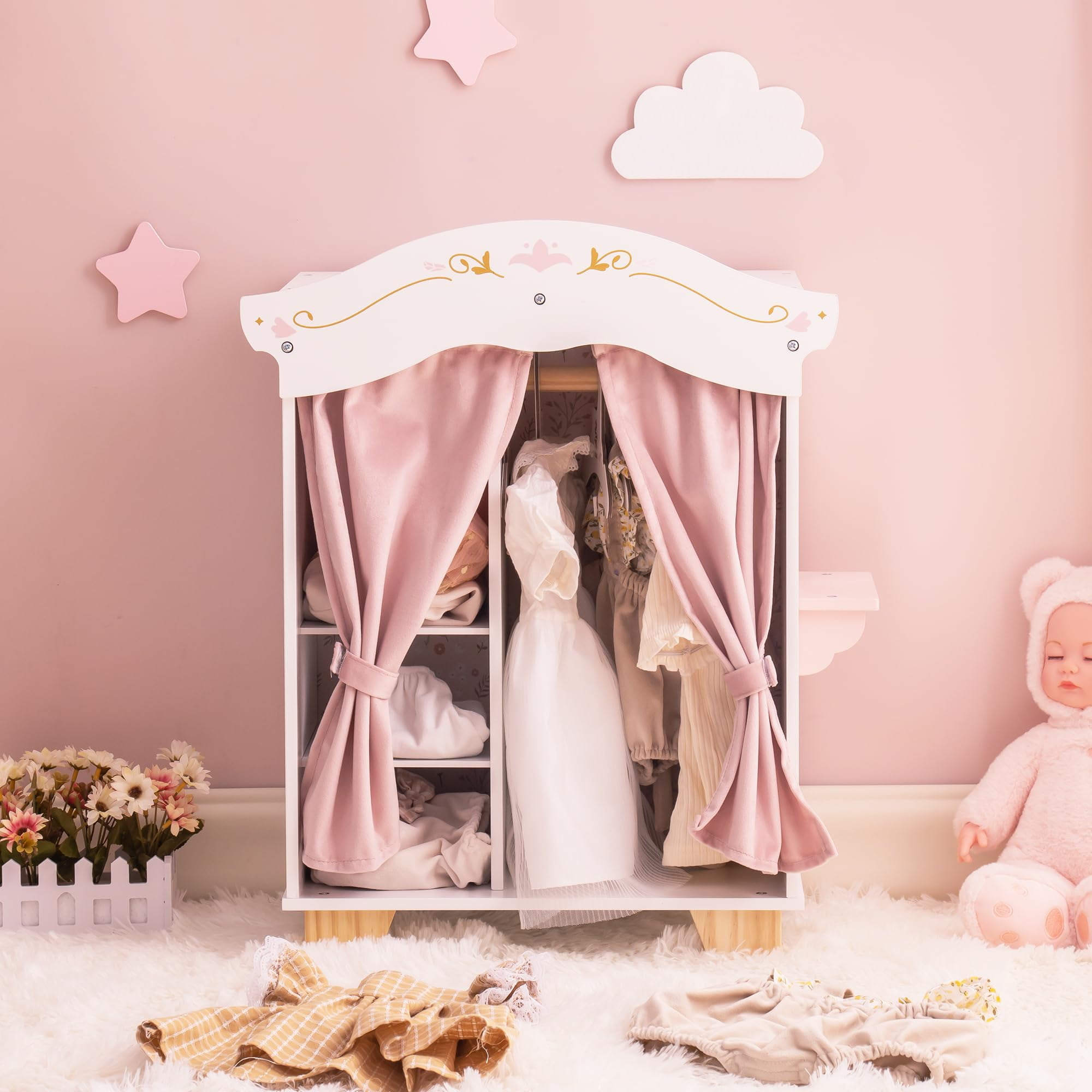 Robud 18" Doll Furniture Closet with 5 Clothing Hangers and Vanity Table,  Wooden Doll Accessories Pink Set Fits 18 in Girl Doll Clothes - Walmart.com
