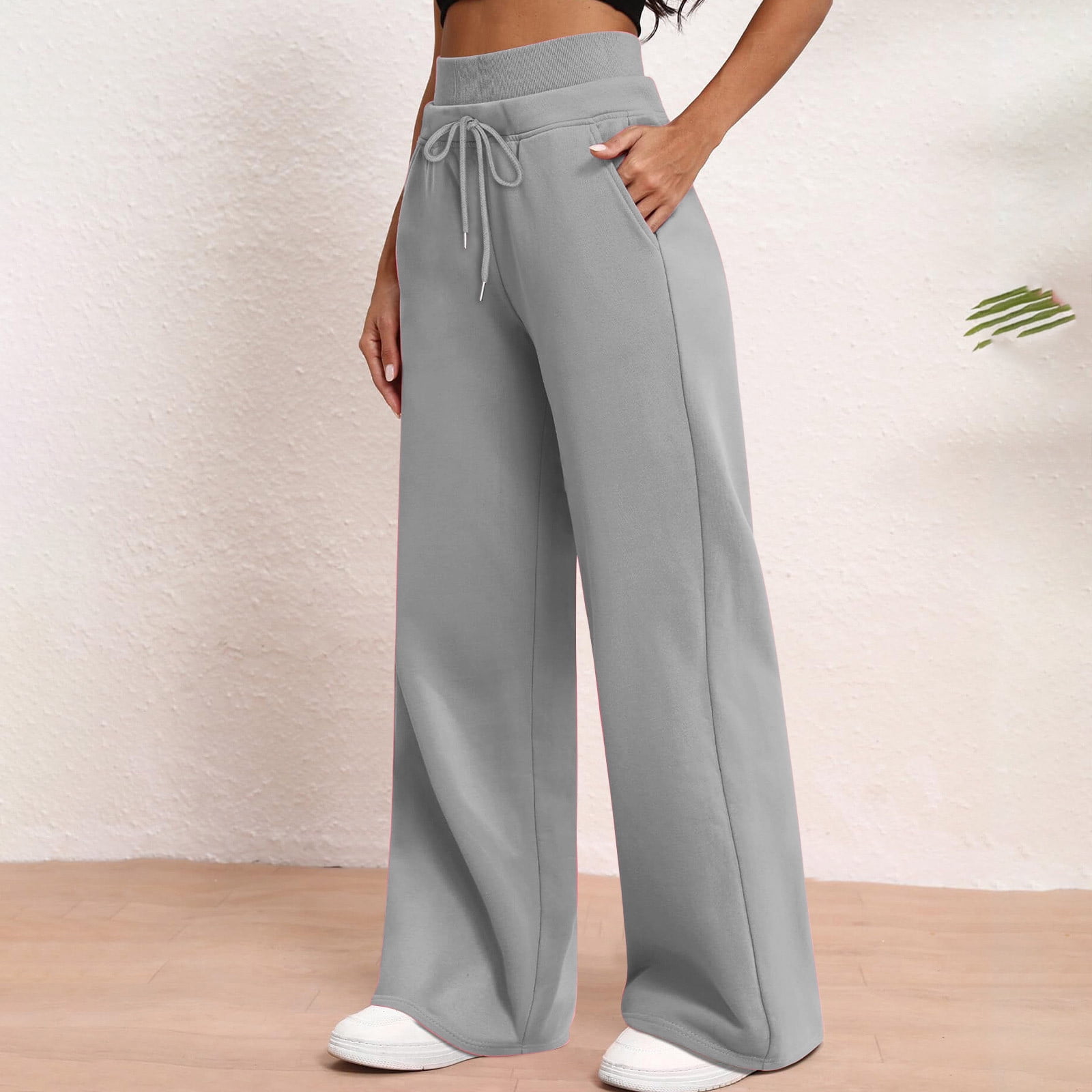 Wide Leg Trousers for Women Drawstring Elastic Waist Pockets