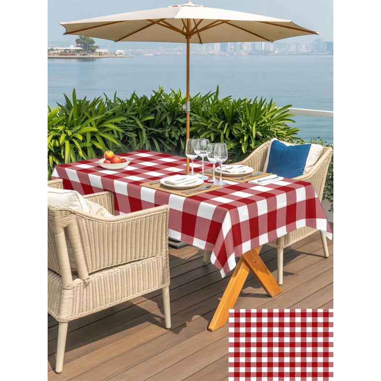 buffalo plaid patio umbrella Outdoor Tablecloth with Umbrella Hole and Zipper, Farmhouse Buffalo Plaid  Waterproof Patio Tablecloth for Dining 60''x84'', Red White Checkered