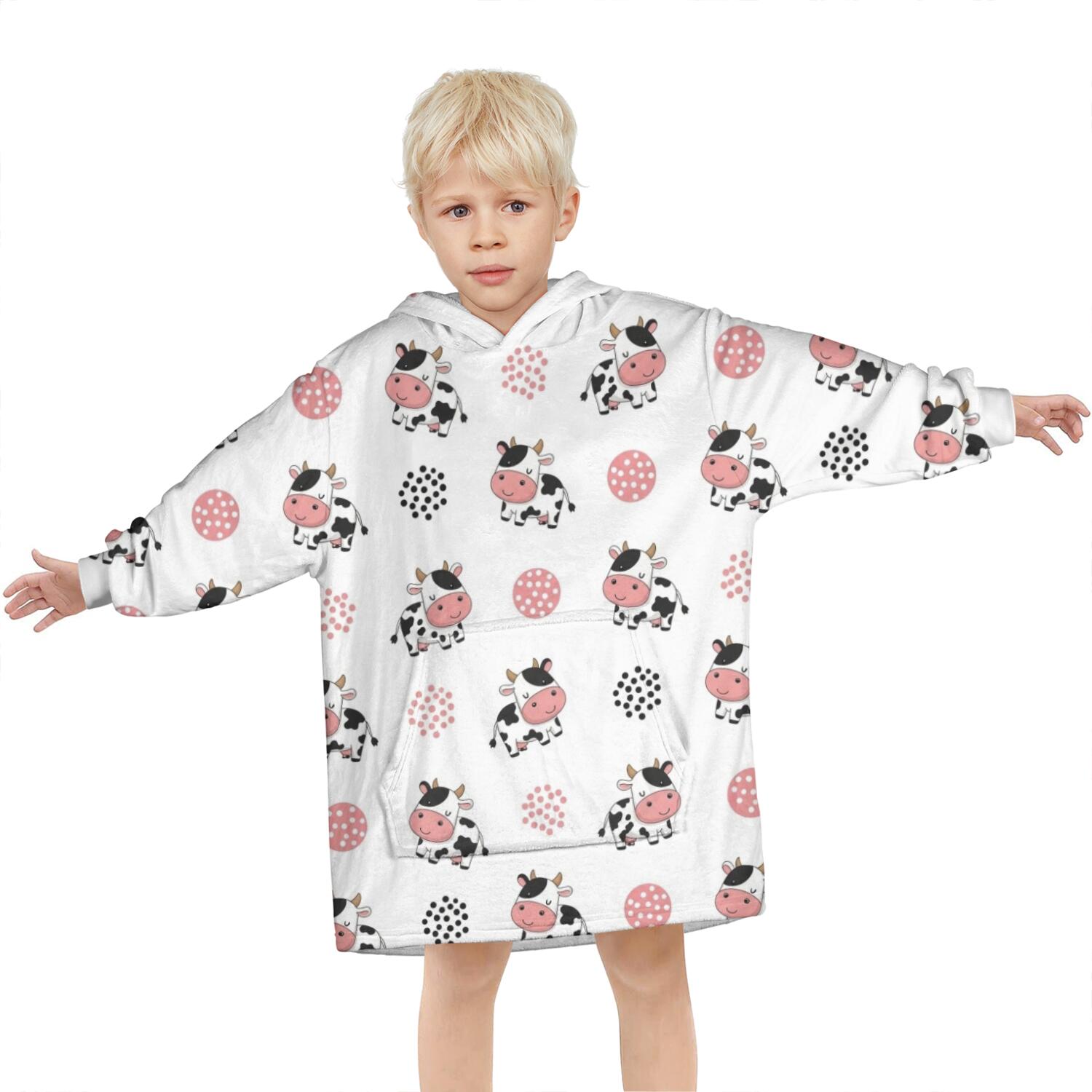White Cow Dot Pattern Blanket Hoodies for Kids 6-13YR Oversize Wearable Blanket Hoodies for Boys Girls Teens