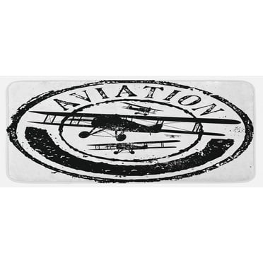 Vintage Airplane Kitchen Mat, Grunge Style Stamp Design Word Aviation and Plane Silhouettes, Plush Decorative Kitchen Mat with Non Slip Backing, 47" X 19", Black and White, by Ambesonne