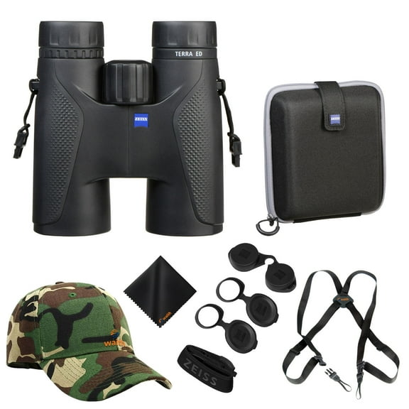 Zeiss 10x42 Terra ED Binoculars For Bird Watching (Black) with Waith Binocular Comfort Carrying Harness Strap, Waith Adjustable Camo Baseball Hat and Waith Microfiber Lens Cleaning Cloth (Bundle Set)