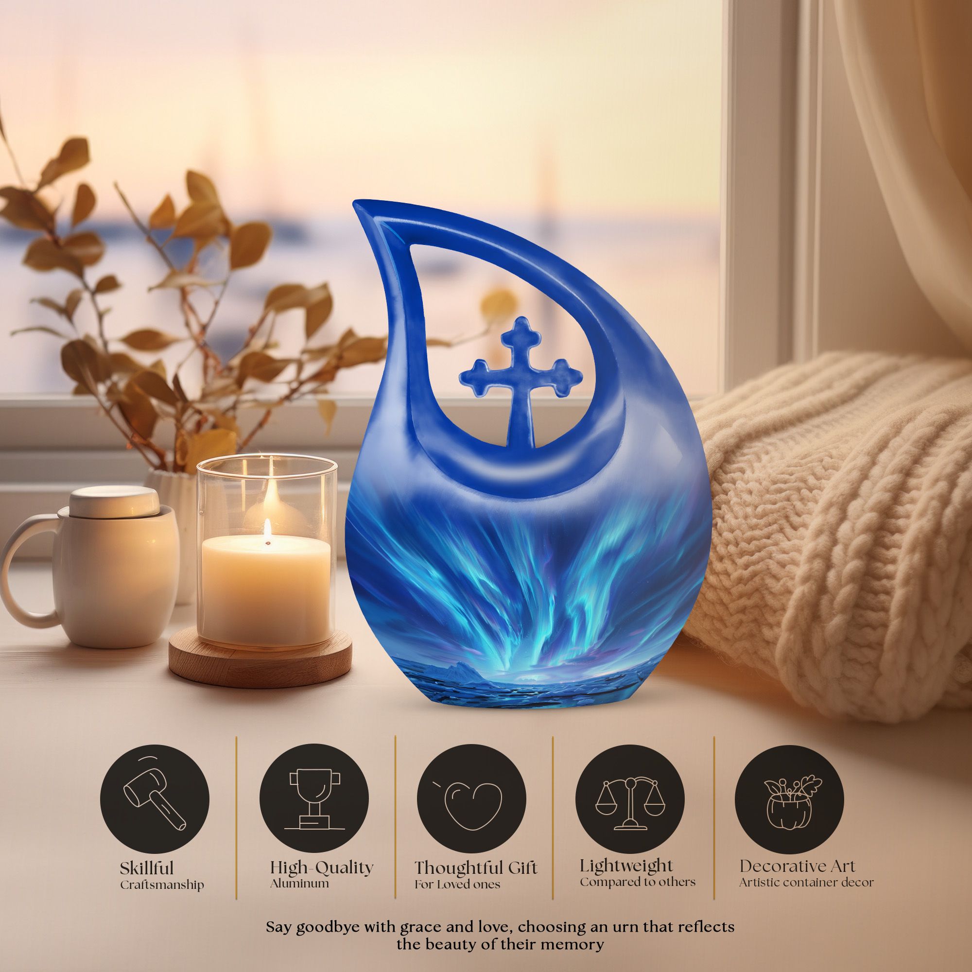 MUKTIVE Aurora Cremation Funeral Urns for Ashes Adult Men & Women - Blue Memorial Burial Urns for Human Ashes Adult Father - Decorative 10 Inch Large Urn for Human
