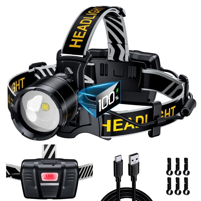 Linterna frontal XILUO 100000LM, sensor de zoom brillante, 8 modos, IP68