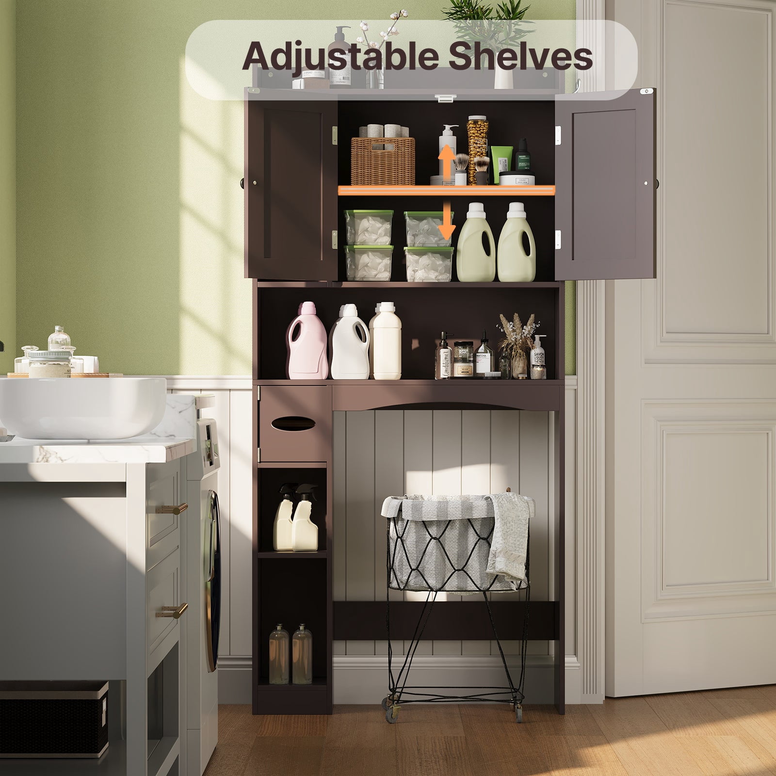 Over the Toilet Storage Cabinet, Aiho 66" H Bathroom Space-Saving Organizer Above Toilet with 2 Doors & Adjustable Shlef, Perfect for Bathroom, Laundry, Dark Brown