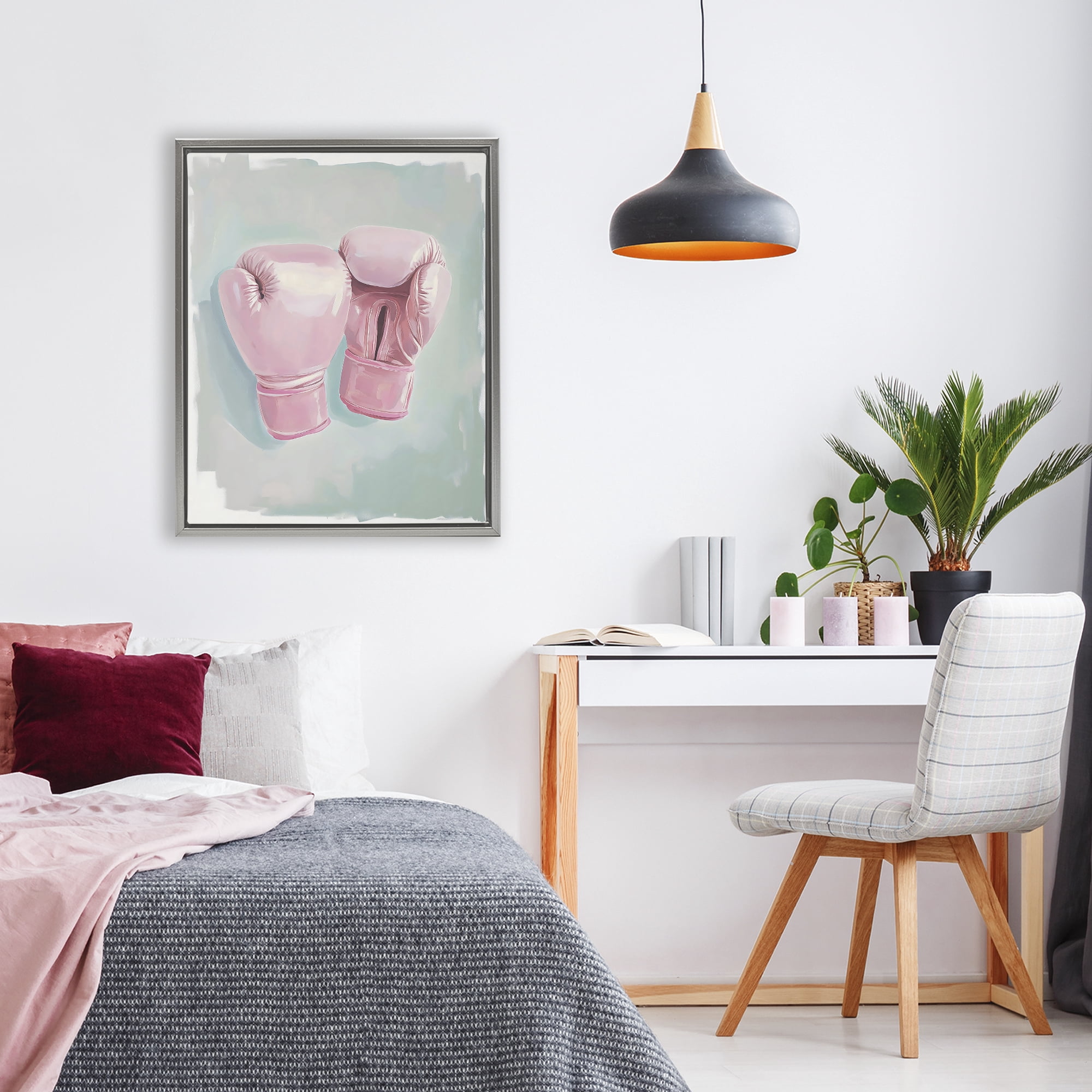 Stupell Industries Feminine Pink Boxing Gloves Gray Framed Floater Canvas Wall Art, design by The Prints Vibe