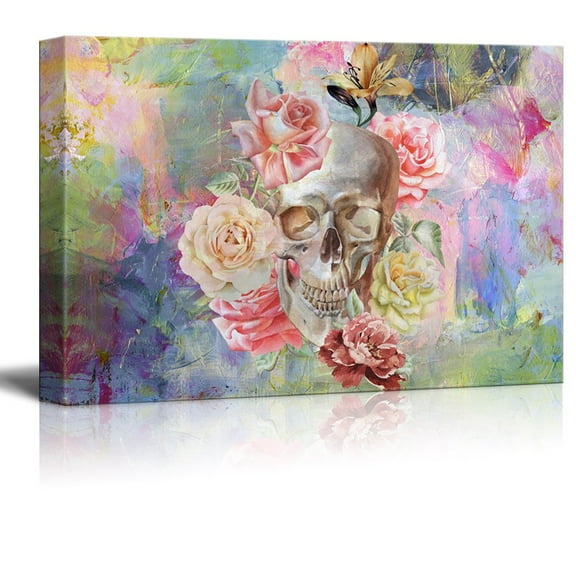 wall26 - Canvas Print Wall Art - Skull and Roses on Abstract Background - Gallery Wrap Modern Home Art | Ready to Hang - 24x36 inches