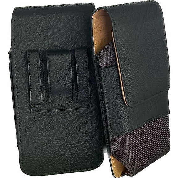 Black Leather Vertical Belt Loop Case is Compatible with T-Mobile TCL Stylus 5g with a thin cover on