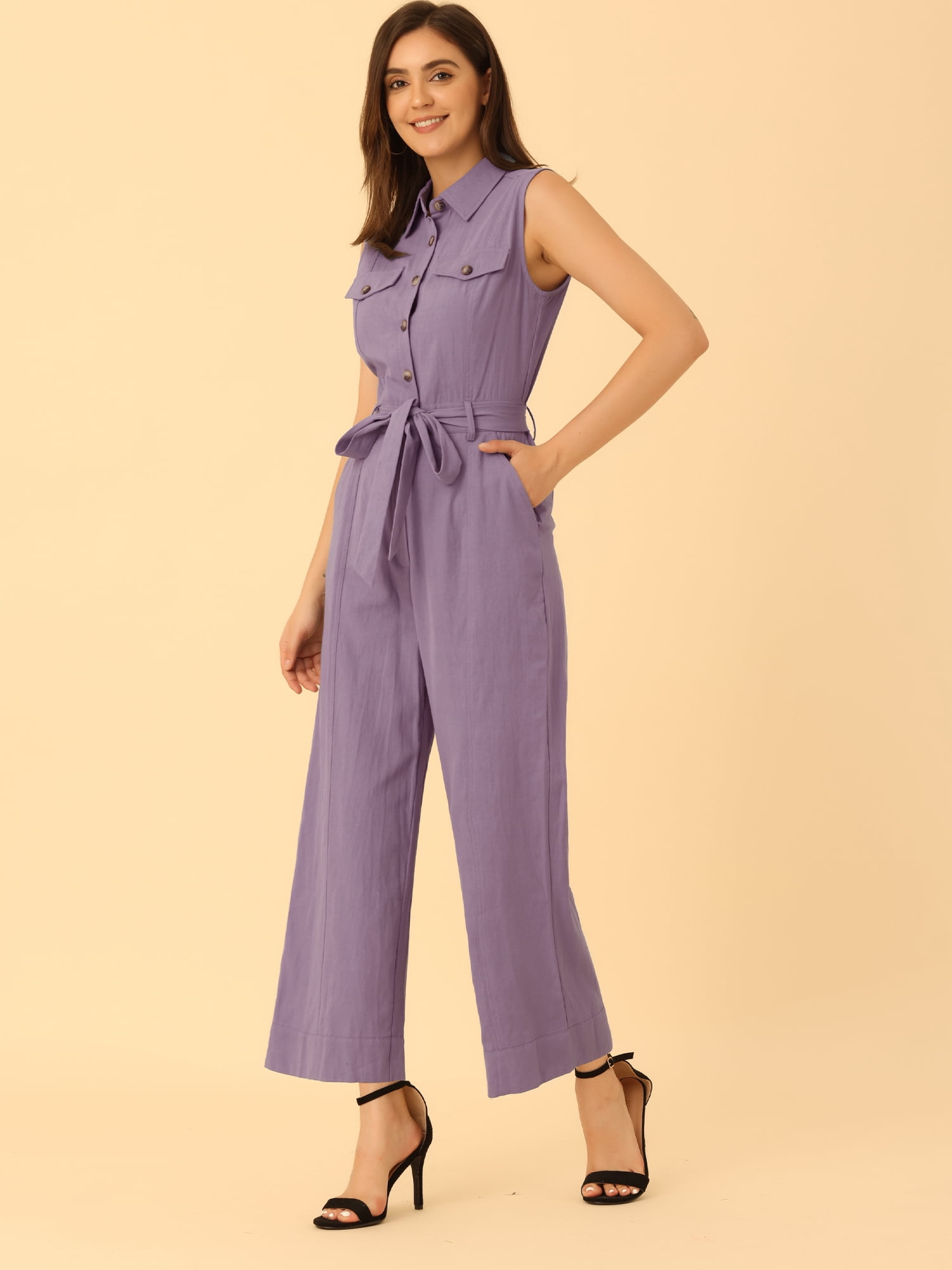 DARING DIVA Women's Wide Leg Jumpsuit Collared Tie Waist Coverall S Purple