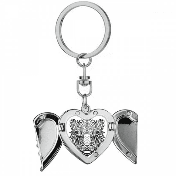 Strong Lion Animal Portrait Sketch Heart Angel Wing Key Chain Holder