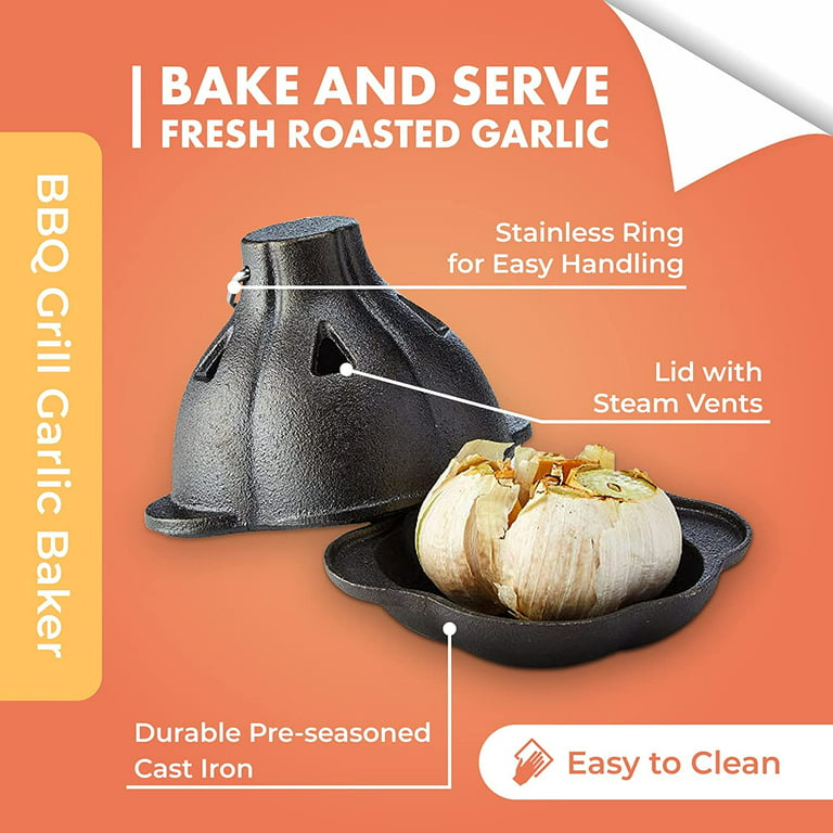 Garlic Roaster Baker, Cast Iron Dutch Oven Pre-Seasoned, Mini Cocotte, 1  Cup Capacity, Black, Ramekin with Lid, for BBQ Grill or Oven, by Bazaar