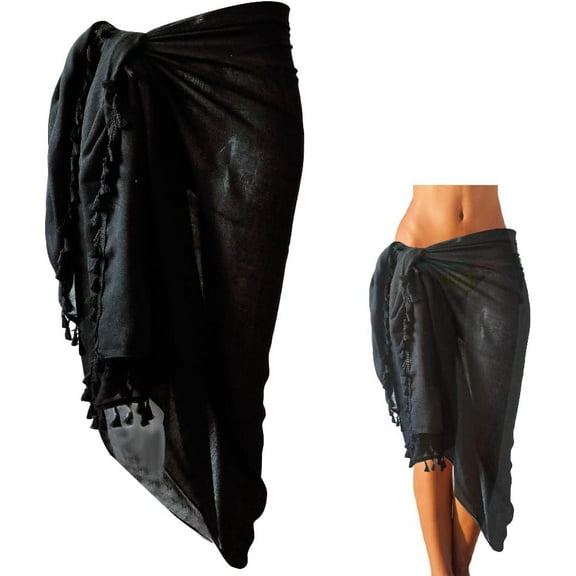 Black Mesh Sarong Cover Up Tassel Pareo Long Beach Swimsuit Sheer Scarf Coverup Summer Bikini Sexy Bathing Suit Wrap Dress Bottom Coverups Rectangle Cotton Shawls for Women Skirt Accessories