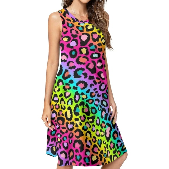 Colofrul Rainbow Leopard Spring Summer Dresses for Women Fashion T-shirt Dress Casual Sleeveless Loose Sundress with Pockets