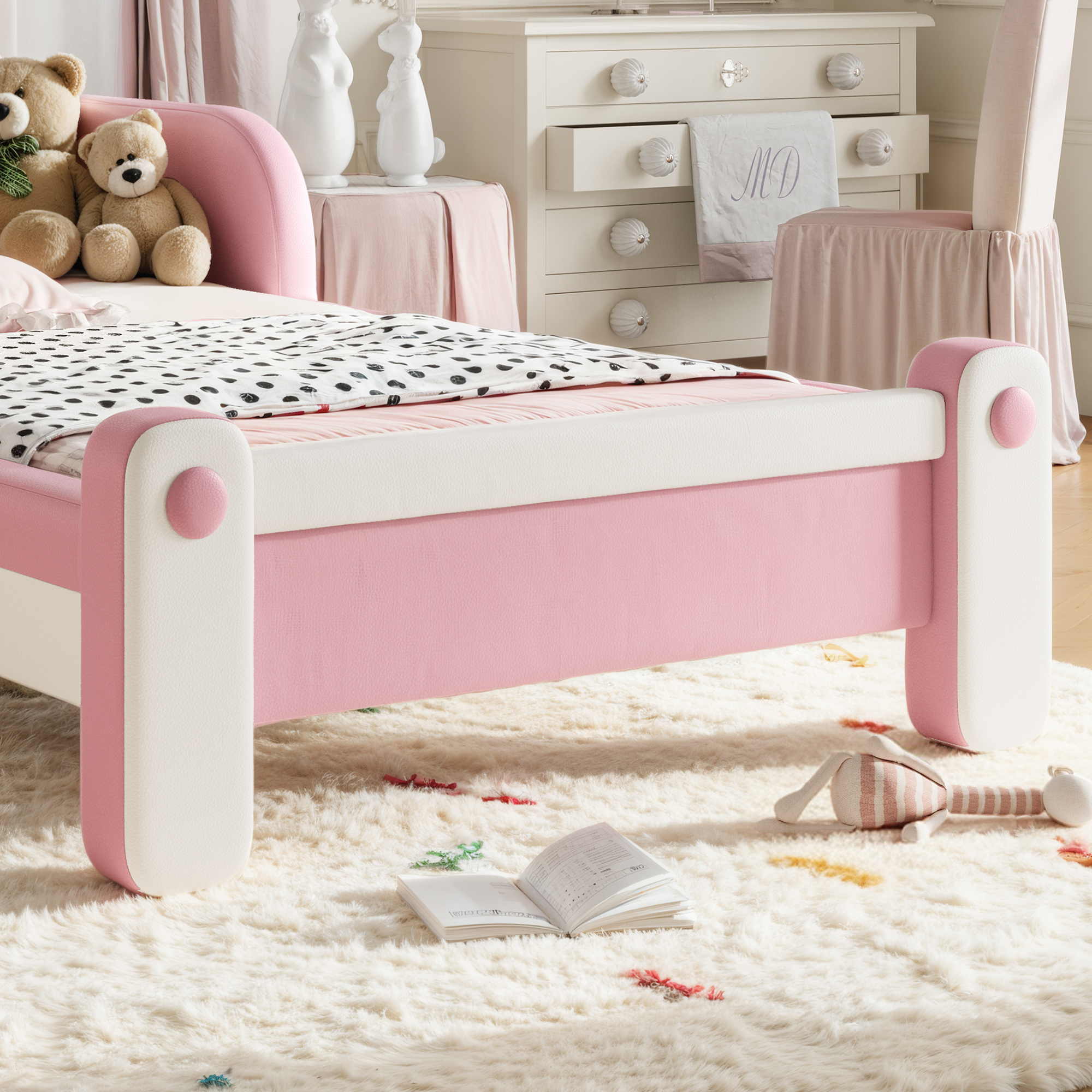 HOQBN Twin Size Cute Cat Shaped Upholstered Kids Platform Bed, Princess Style Low Profile Children Bed Frame for Bedroom White & Pink