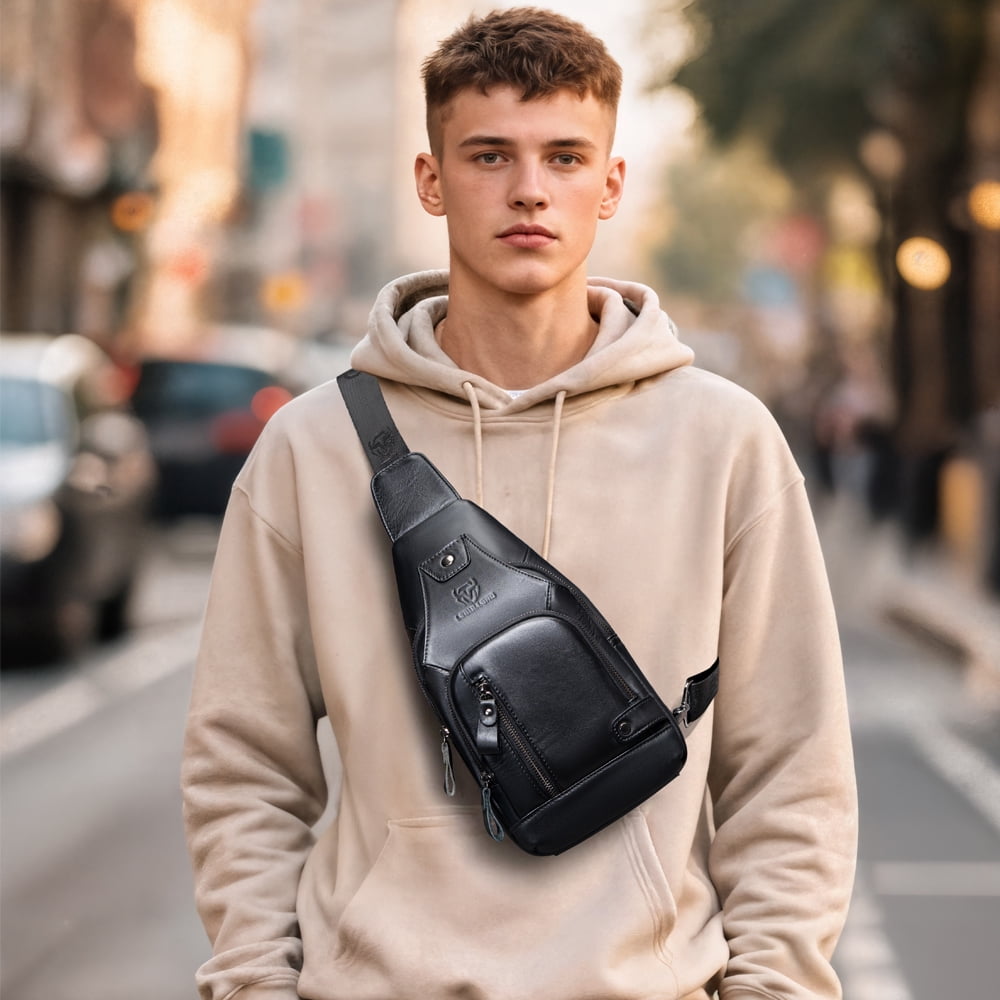 LEBULLBRO Sling Bag for Men Genuine Leather Chest Bag Crossbody Backpack Travel Hiking Outdoor Sports Black