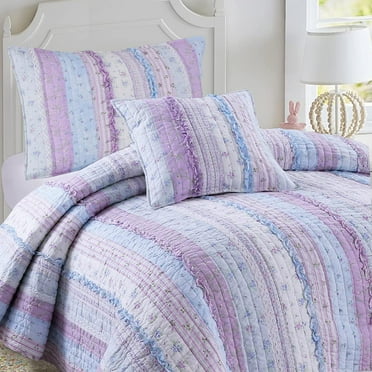 Cozy Line Shabby Chic Floral Ruffle Stripe 100% Cotton Reversible Quilt Set (Lavender, King - 3 Piece)