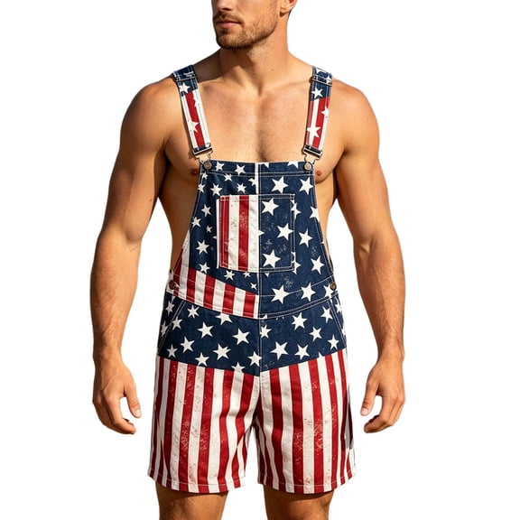 FUZHIQ Bib Overalls for Men Adjustable Straps Casual Beach American Flag Print Romper Jumpsuit with Pockets for Summer Holiday Wear