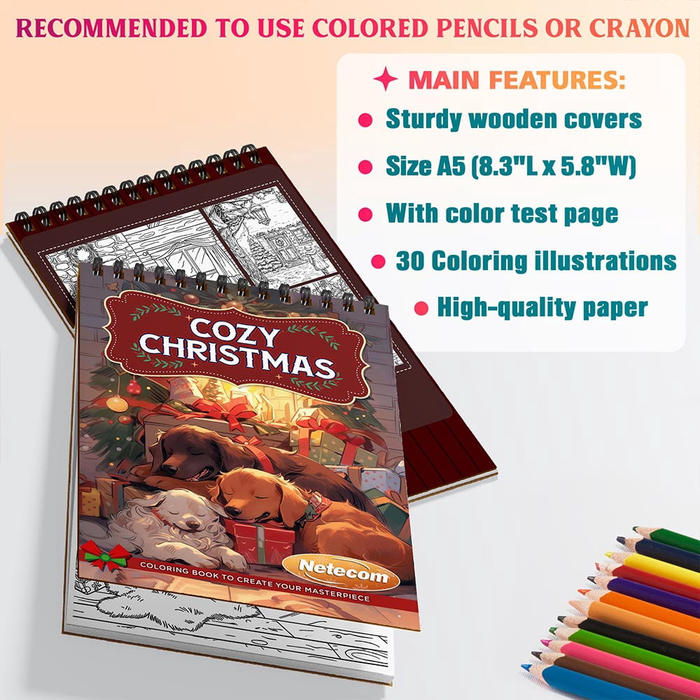 Netecom Cozy Christmas Coloring Book Spiral Bound for Adults, A5 Wooden Cover, 30 Charming Coloring Pages of Xmas Holiday Day for Stress Relief and Relaxation