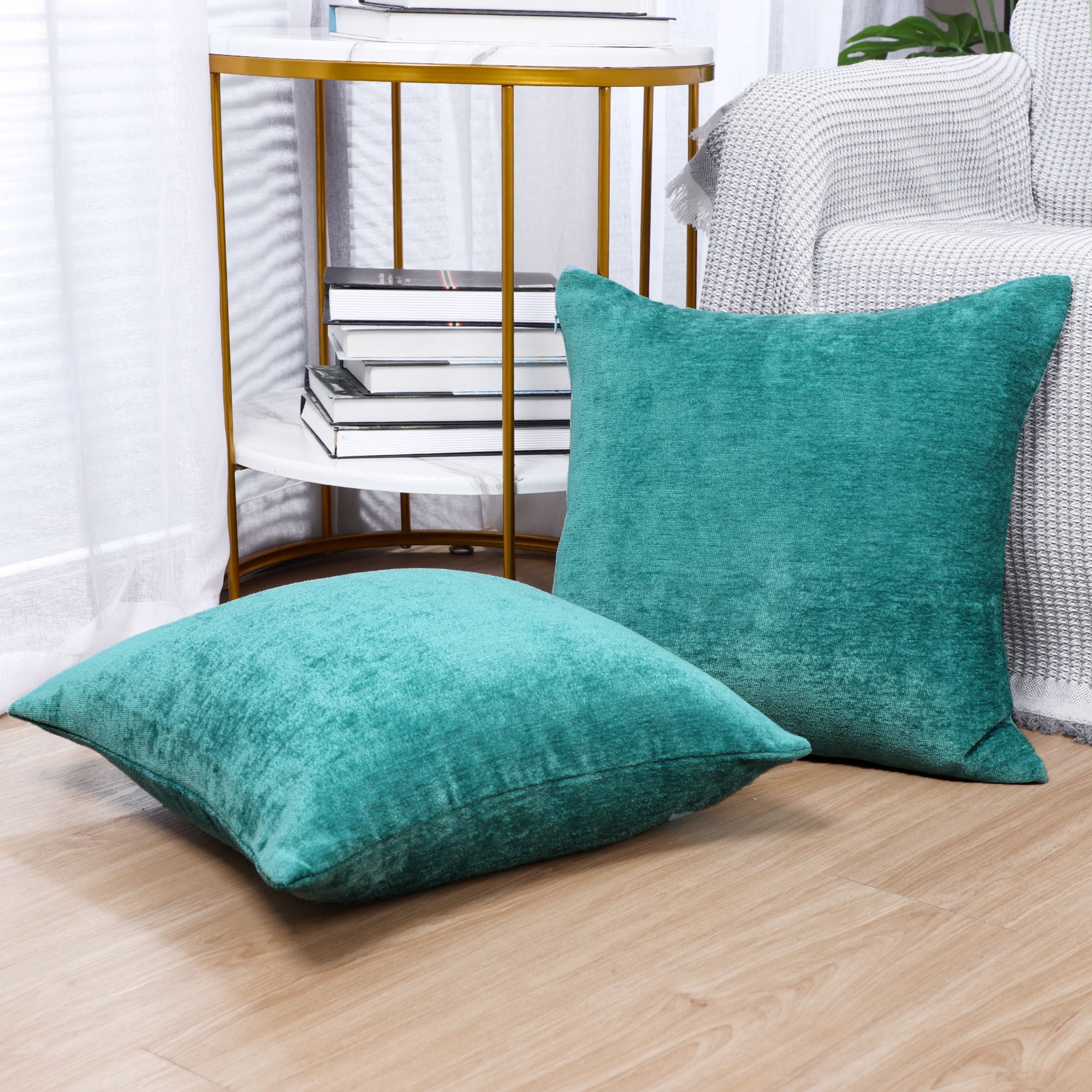 REGALWOVEN Set of 2 Chenille Throw Pillow Covers, Soft Decorative Cushion Covers Peacock Blue 18x18 Inch