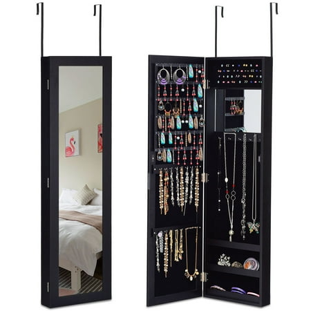 Sliding Storage Mirror - Costway Wall Door Mounted Mirrored Jewelry Cabinet Armoire Storage Organizer Black