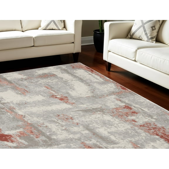 HomeRoots 550485 8 x 10 ft. Abstract Non Skid Rectangle Area Rug, Gray & Red