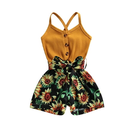 

TheFound Summer Kids Girls Cute Jumpsuits Sleeveless Single Breasted Sunflowers Patchwork Bow Belt Playsuits