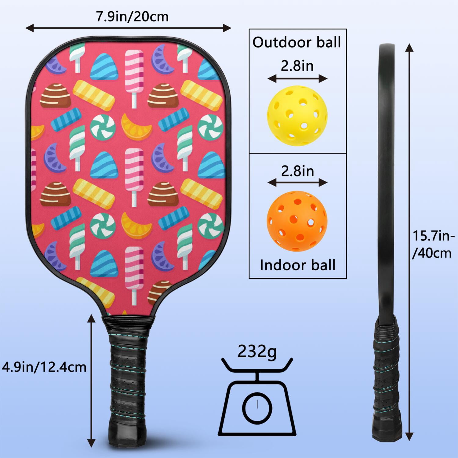 Pickleball Paddles Set Of 1, Fiberglass Surface, Sweet Candy Print, 1 Paddle, 2 Balls & Bag