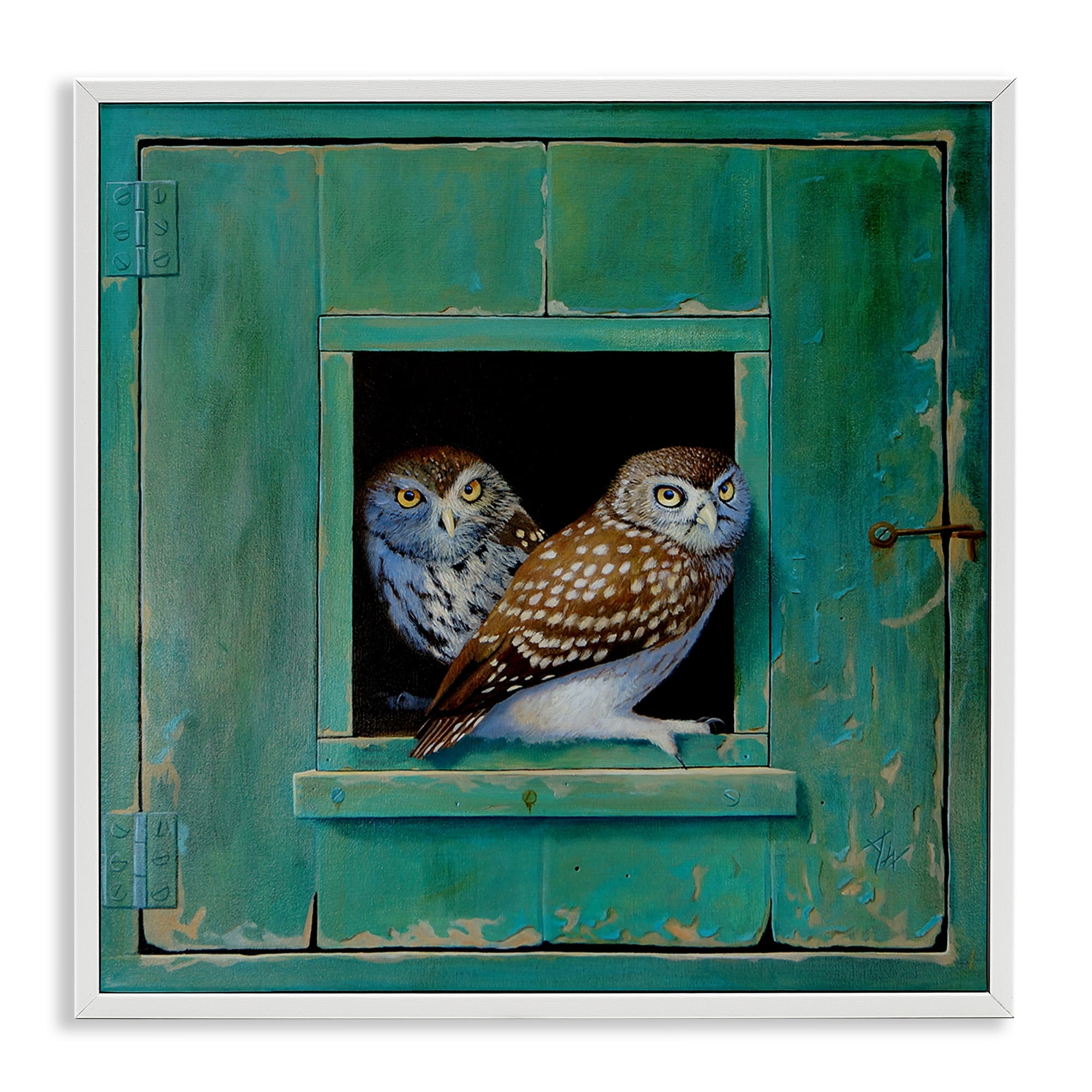 Stupell Industries Spotted Owls Perched Rustic Green Door Ledge Painting White Framed Art Print Wall Art, Design by Alan Weston