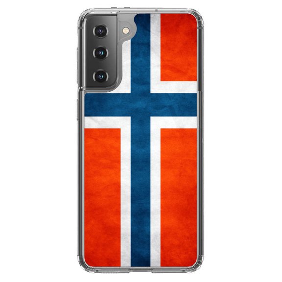 DistinctInk Clear Shockproof Hybrid Case for Galaxy S21 5G (6.2" Screen) - TPU Bumper, Acrylic Back, Tempered Glass Screen Protector - Norway Old Flag Red White Blue - Love of Norway