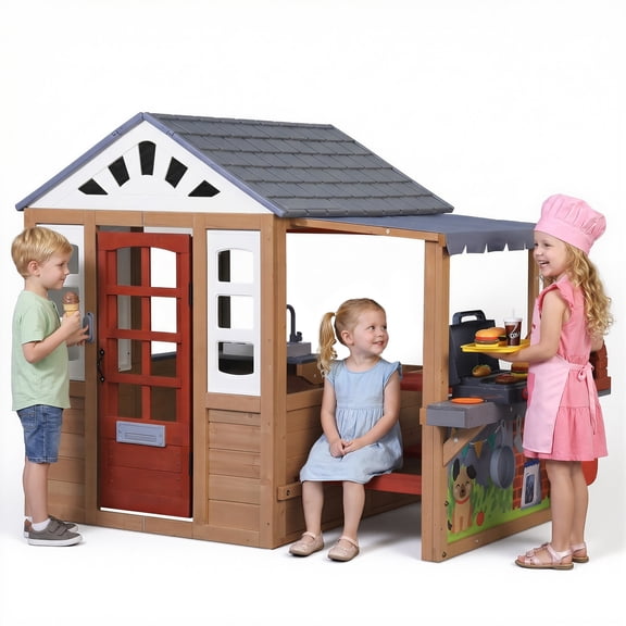Sunnyfree Outdoor Playhouse with BBQ Grill, Wooden Playhouse with Play Kitchen,Indoor & Outdoor for Kids 3