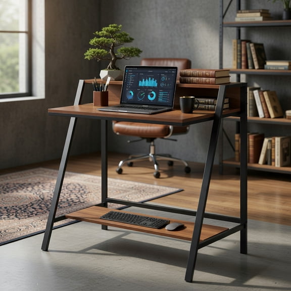 Resenkos 2 Tier Computer Desk PC Laptop Table Study Writing Home Office Workstation New-Walnut, Home Office Desks, Gaming Computer Desks for Study,Working,Writing