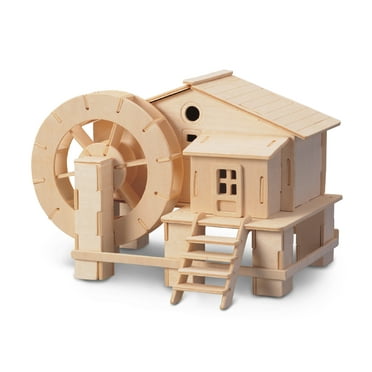 Puzzled 3D Puzzle Water Mill Set Wood Craft Construction Model Kit, Fun & Educational DIY Wooden Toy Assemble Model Unfinished Crafting Hobby Puzzle to Build and Paint for Decoration 65 Pieces Pack