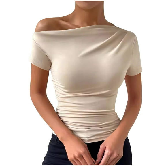 Mittory Womens Off The Shoulder Tops Boat Neck Twist Sleeveless Shirts Going Out Top Slim Fit Summer T-Shirt