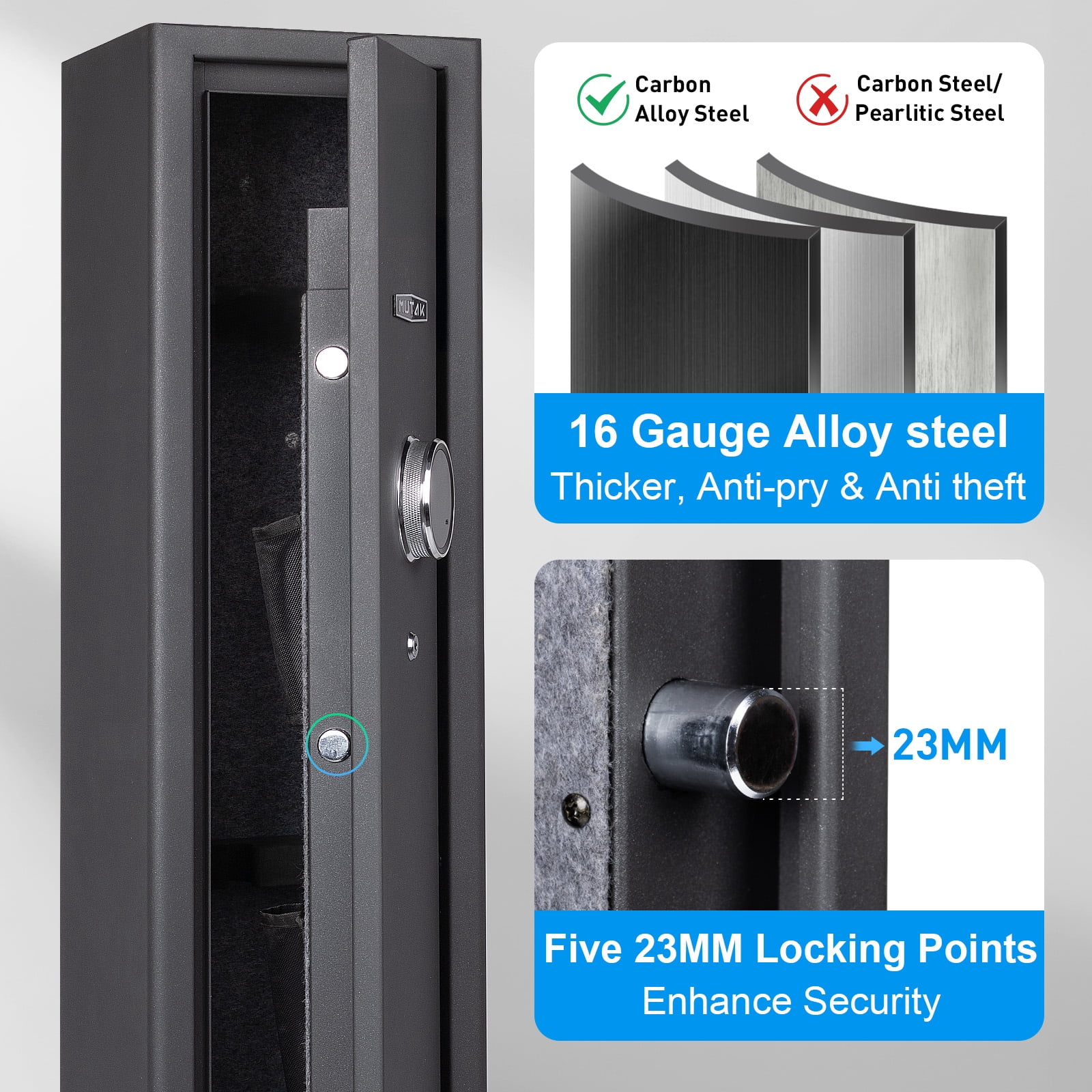Mutak 4-5 Compact Fireproof  Safes, Quick Access Fingerprint Gun Safe, Cabinet with Keypad & Mute Mode, Long Gun Safe with Adjustable Gun Support, Removable Shelf