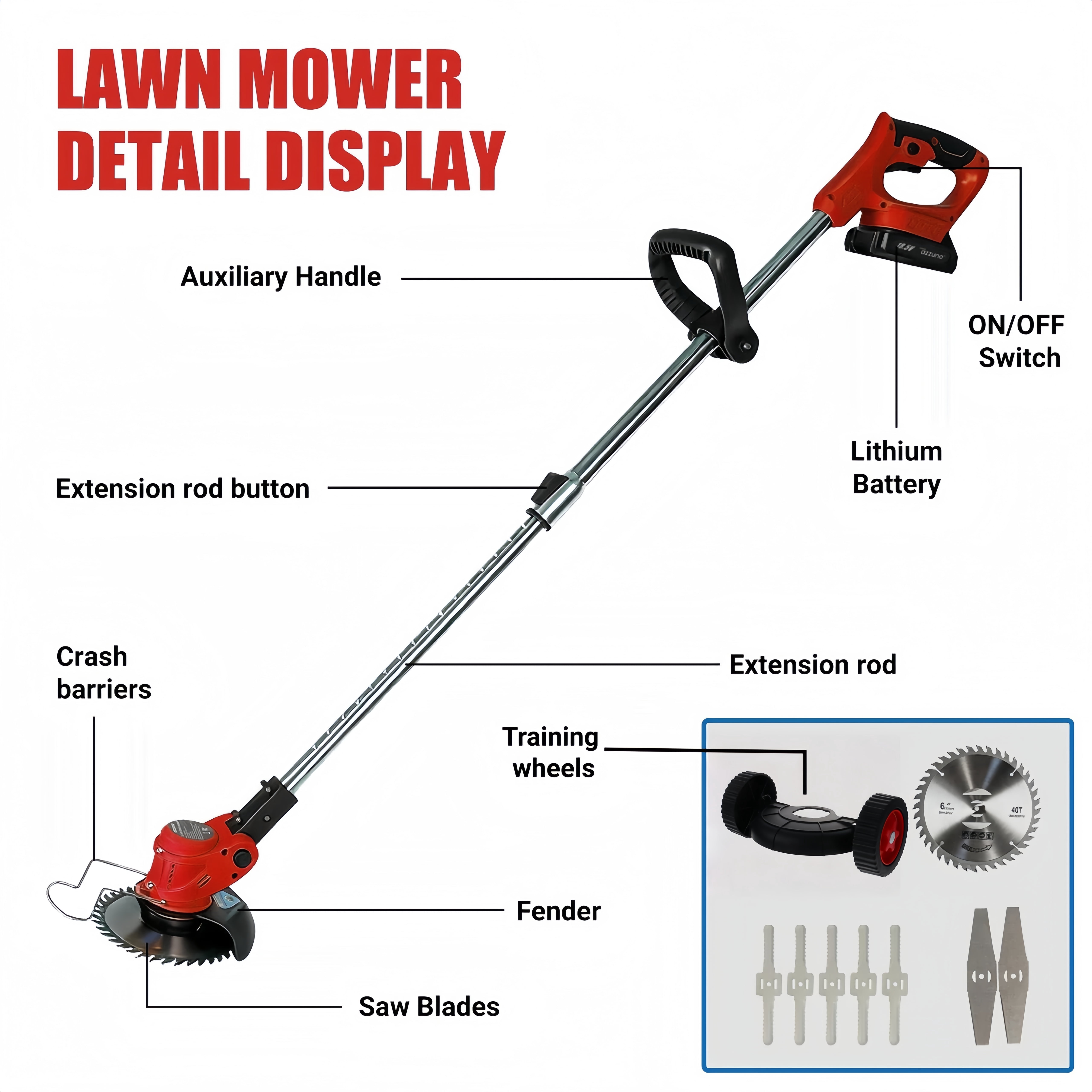 Electric Weed Wacker, Cordless String Trimmer with Wheels, 2Pcs 24V Batteries, 3 Types of Blades, Adjustable Length, Weed Eater Grass Trimmer/Edger/Brush Cutter for Lawn Yard Garden (Red)
